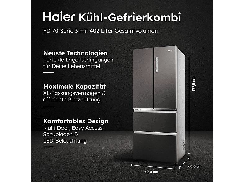 HAIER HFR3718ENMD FD 70 SERIE 3 French Door (402 l, E, 1775 mm hoch, Dark Inox)