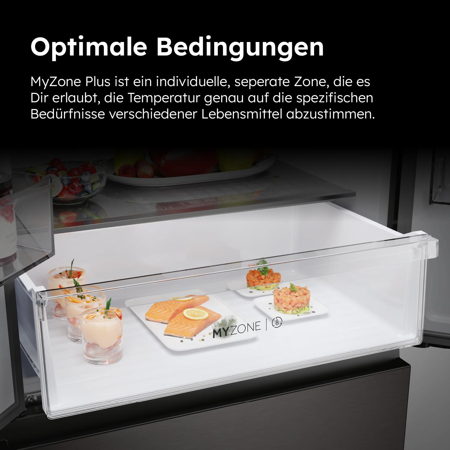 Eine Kühlschublade mit Lebensmittelproben auf Tellern, Text oben: Optimale Bedingungen.