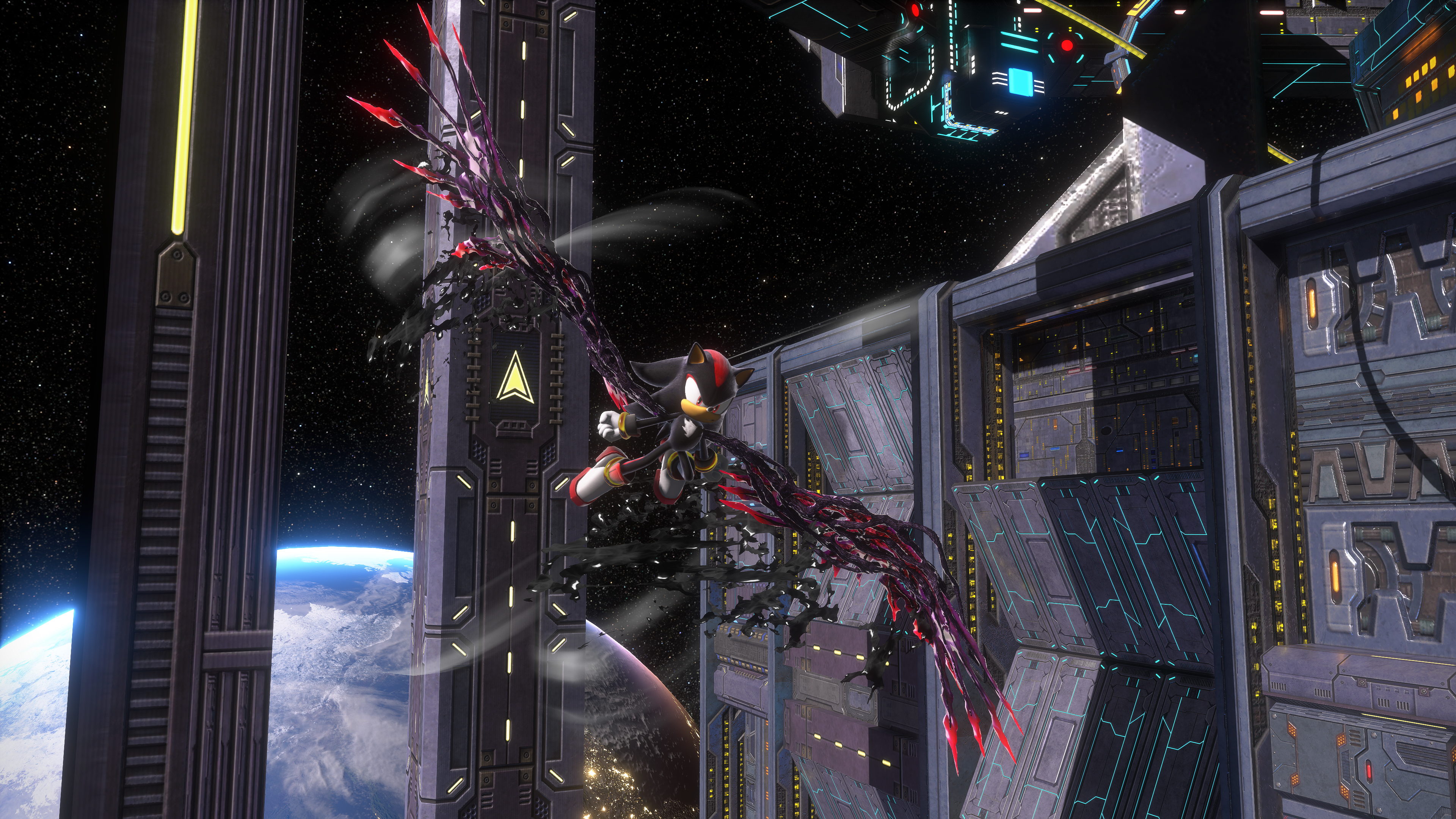 Shadow the Hedgehog vola nello spazio, attorno a una struttura futuristica.