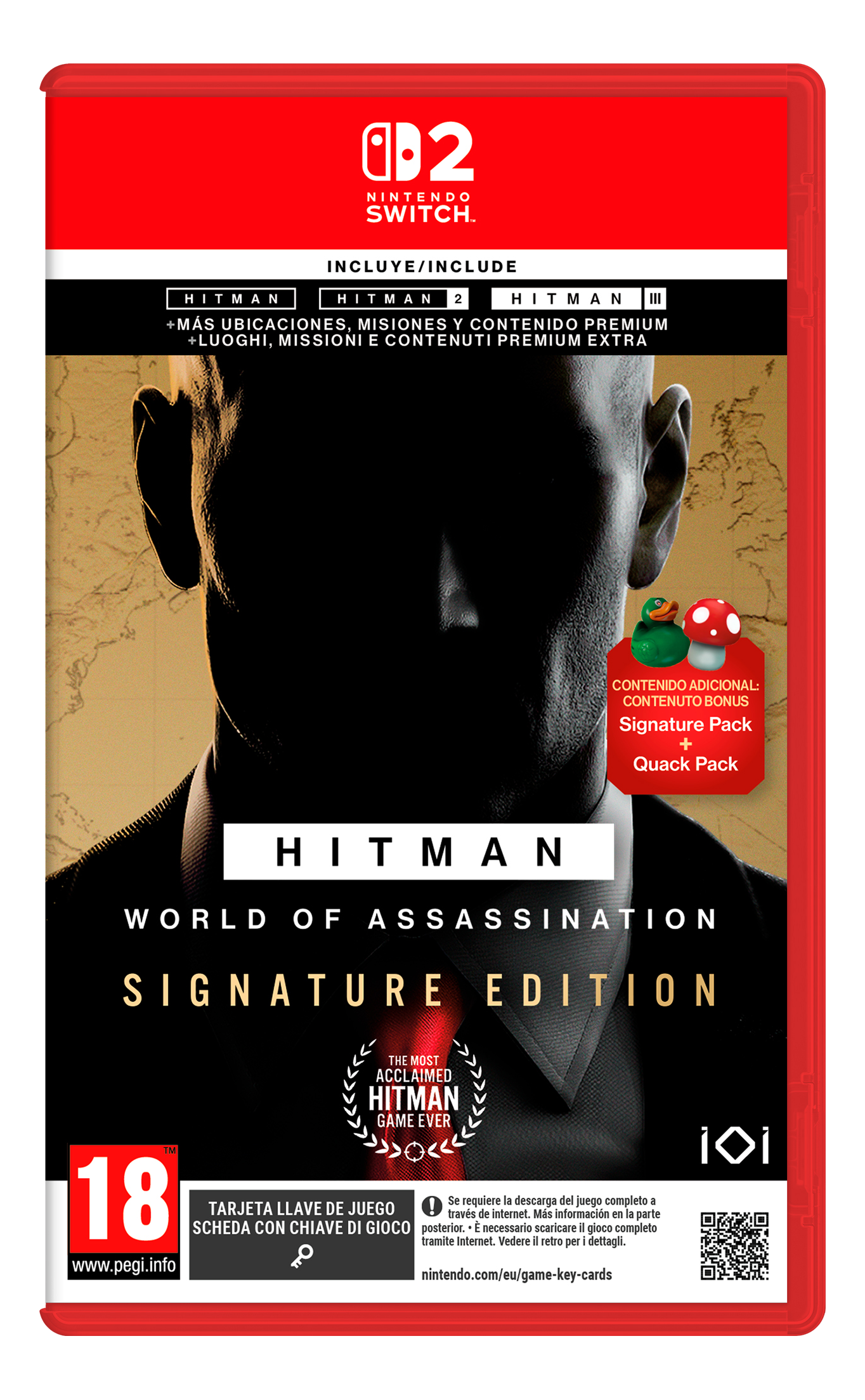 Copertina del gioco Hitman World of Assassination, un uomo in giacca e cravatta con una cravatta rossa.
