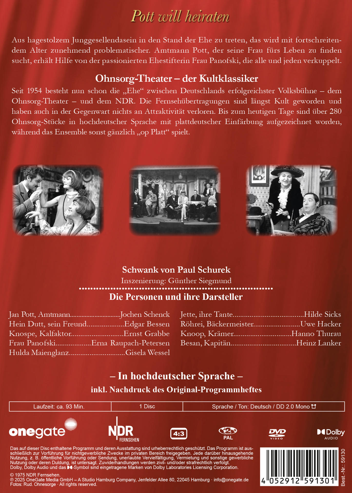 DVD-Rückseite, 'Pott will heiraten', mit Informationen zu Darstellern und Crew sowie einem Bühnenfoto.