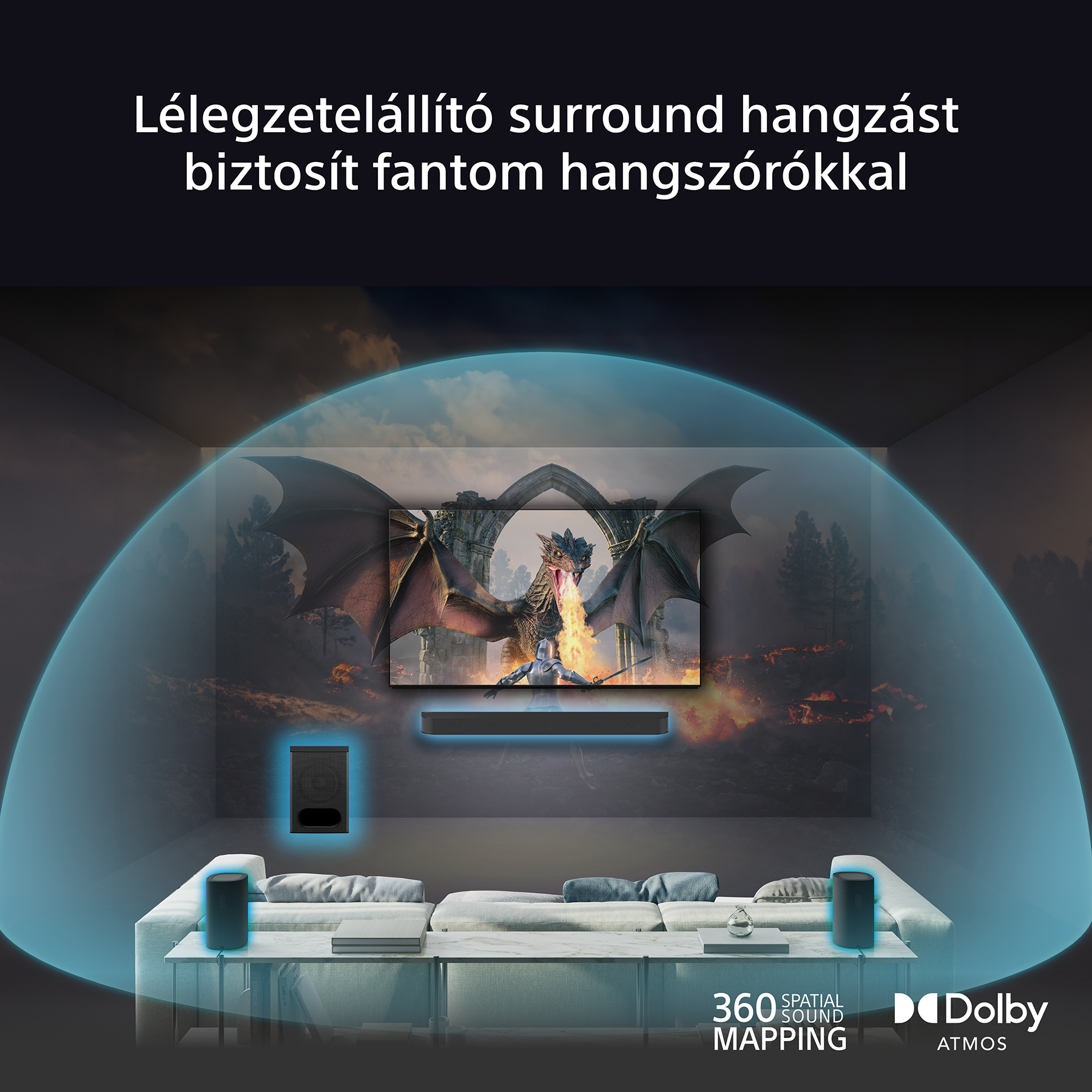Nappali, TV-vel sárkány jelenettel, kanapéval, két hangszóróval és egy hanghullámmal.