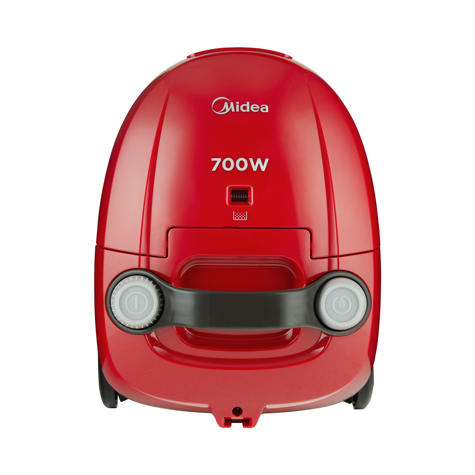 Piros porszívó. Két gombja és egy fogantyúja van. A teljesítmény 700W.