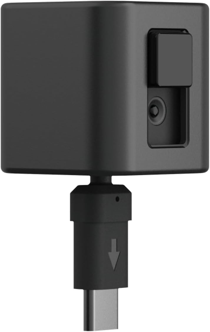 Dispositivo rectangular negro con puerto USB-C y botón cuadrado.