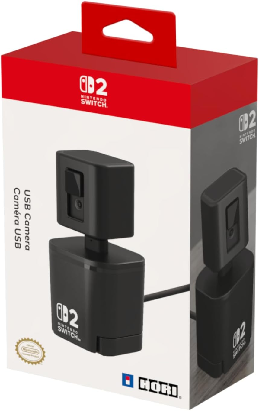 Caja con cámara negra. La caja es roja y blanca con el logo de Nintendo Switch y texto Cámara USB.