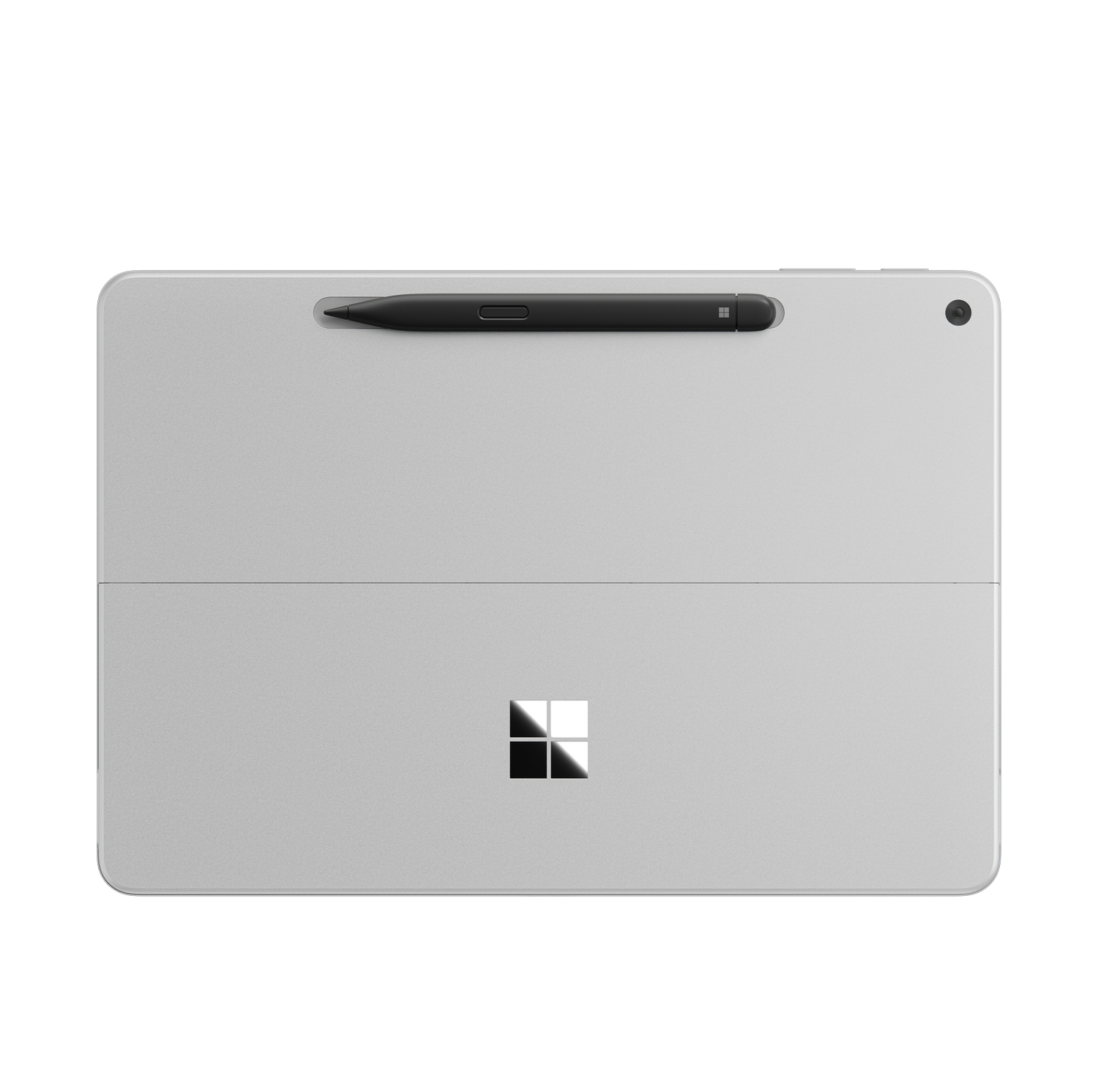 Una tableta plateada con funda de teclado y un lápiz óptico negro sobre fondo negro.