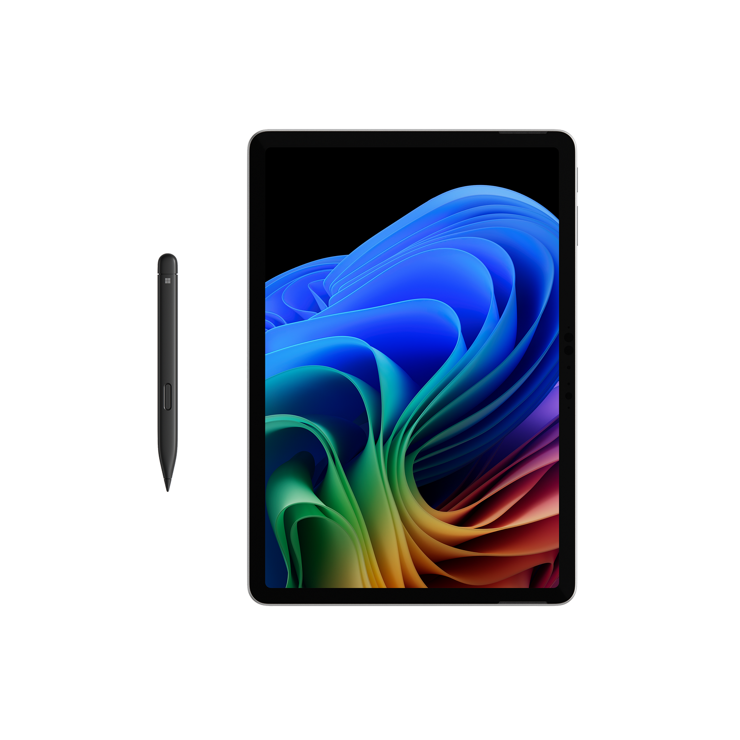 Tableta con pantalla colorida y lápiz óptico sobre fondo gris.