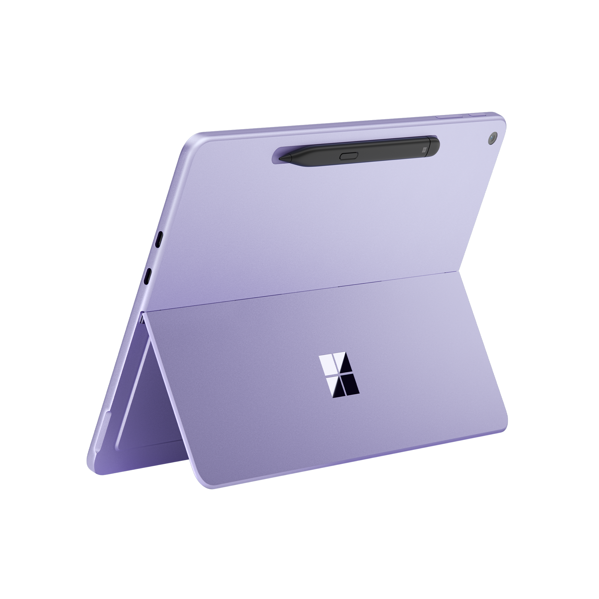 Ordenador portátil morado con lápiz óptico negro, en ángulo, sobre fondo negro.