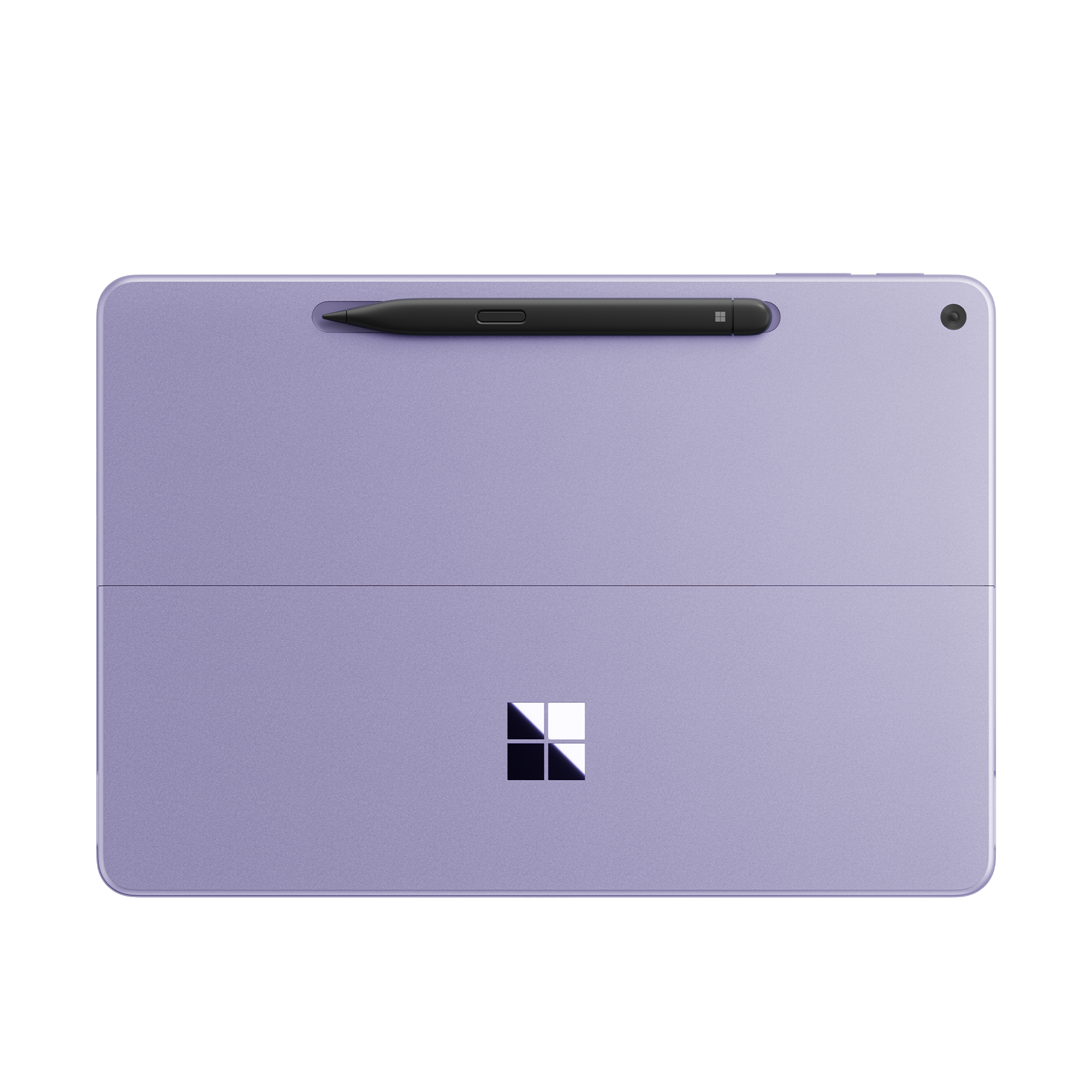 Tableta lila con un lápiz óptico negro. La tableta tiene un logotipo de Microsoft.