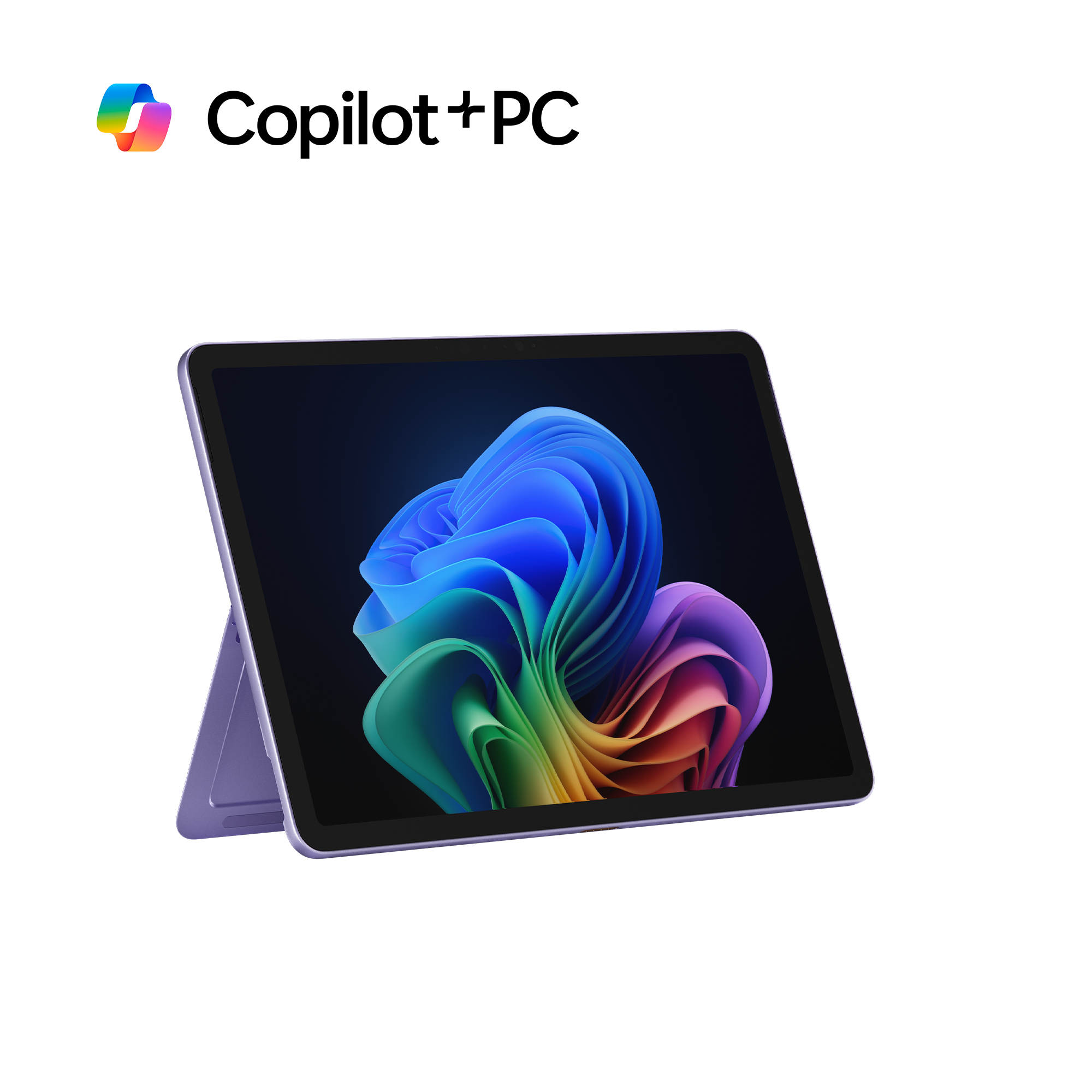 Una tableta morada con una pantalla colorida y teclado adjunto.