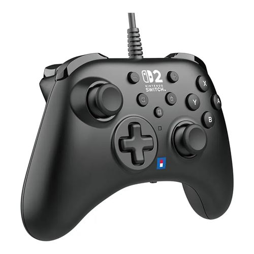 Mando Nintendo Switch negro con botones, cruceta y cable.