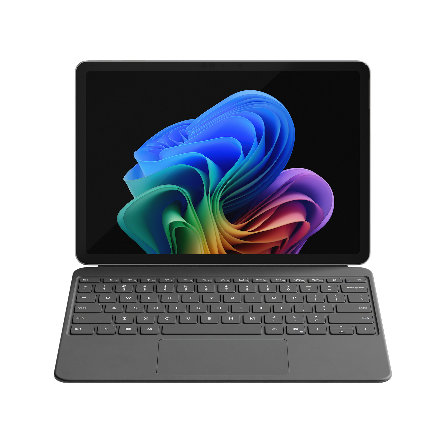 Tableta con teclado adjunto, pantalla colorida, sobre fondo negro, logo Surface.
