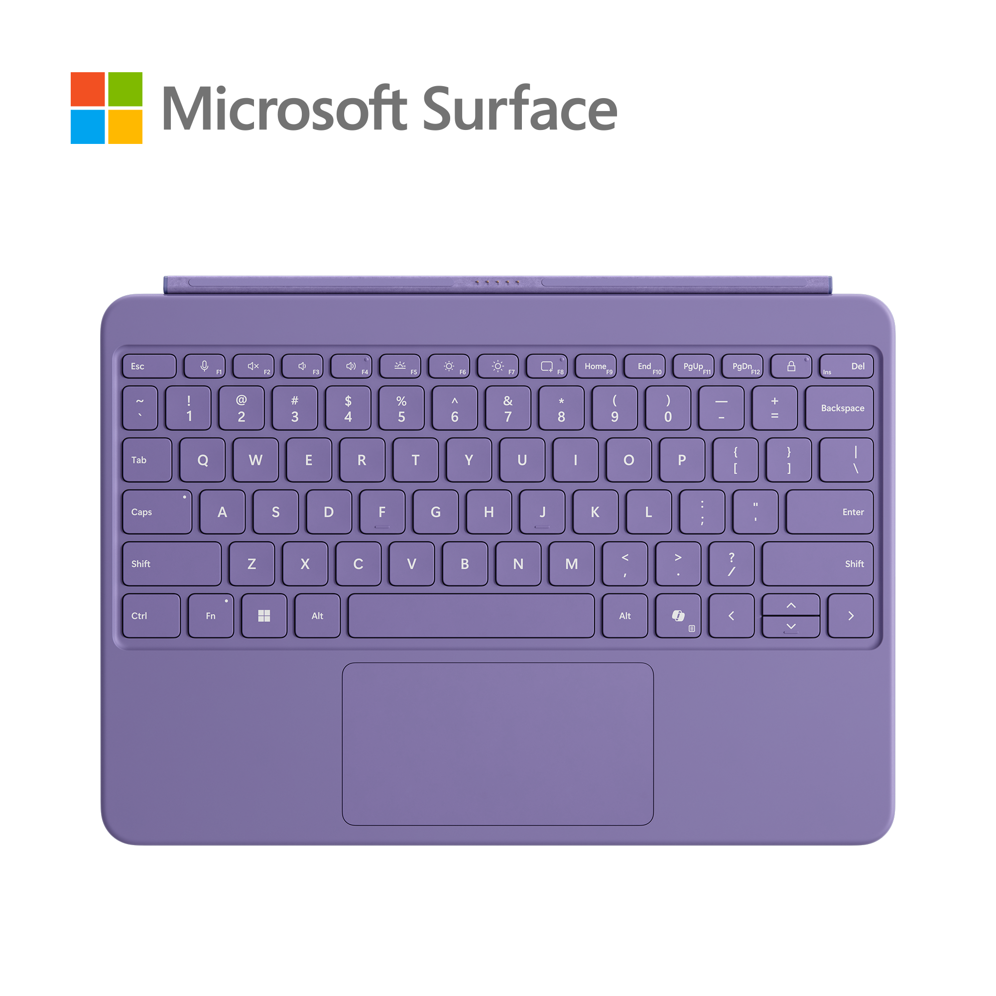 Teclado morado con panel táctil, fondo negro. Logo Microsoft Surface.