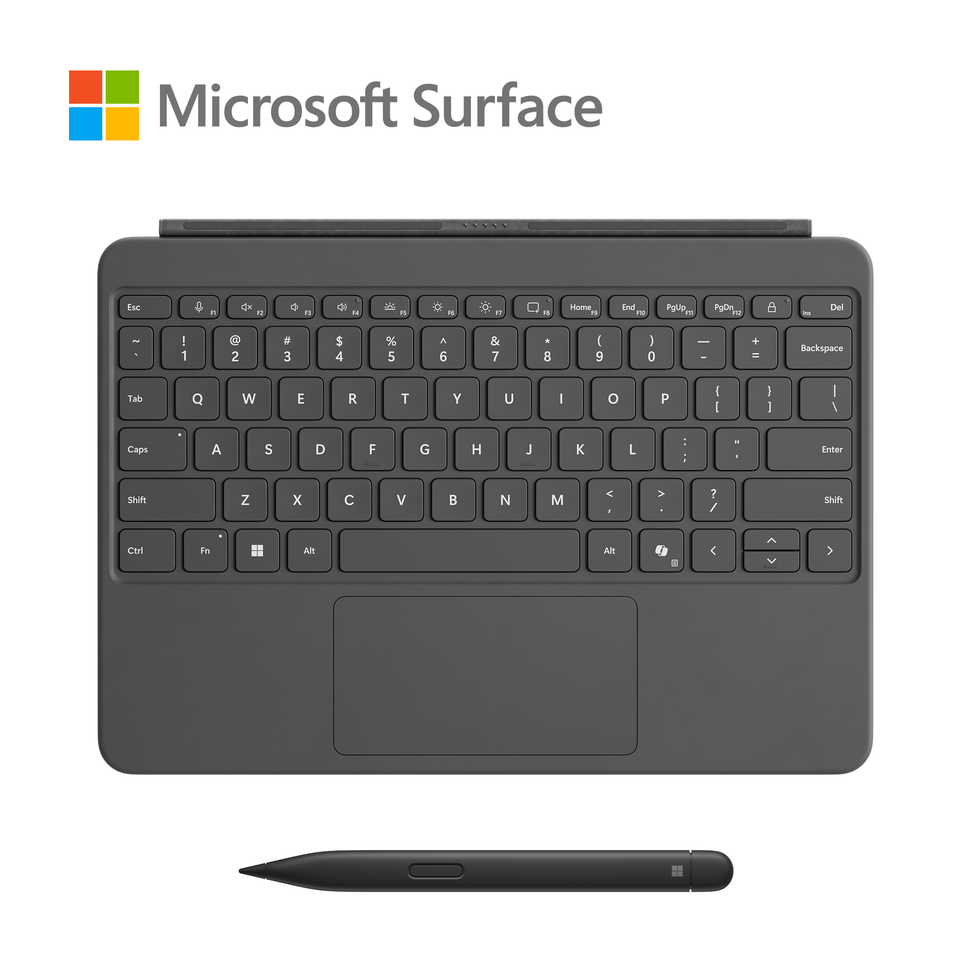 Teclado negro con panel táctil y teclas. Un lápiz óptico está debajo. Un logotipo de Microsoft Surface en la parte superior.