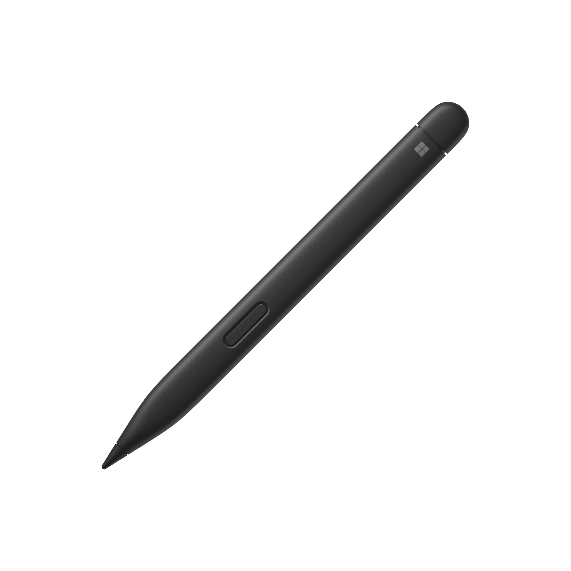 Lápiz óptico negro, fondo negro. Logotipo Microsoft Surface visible.