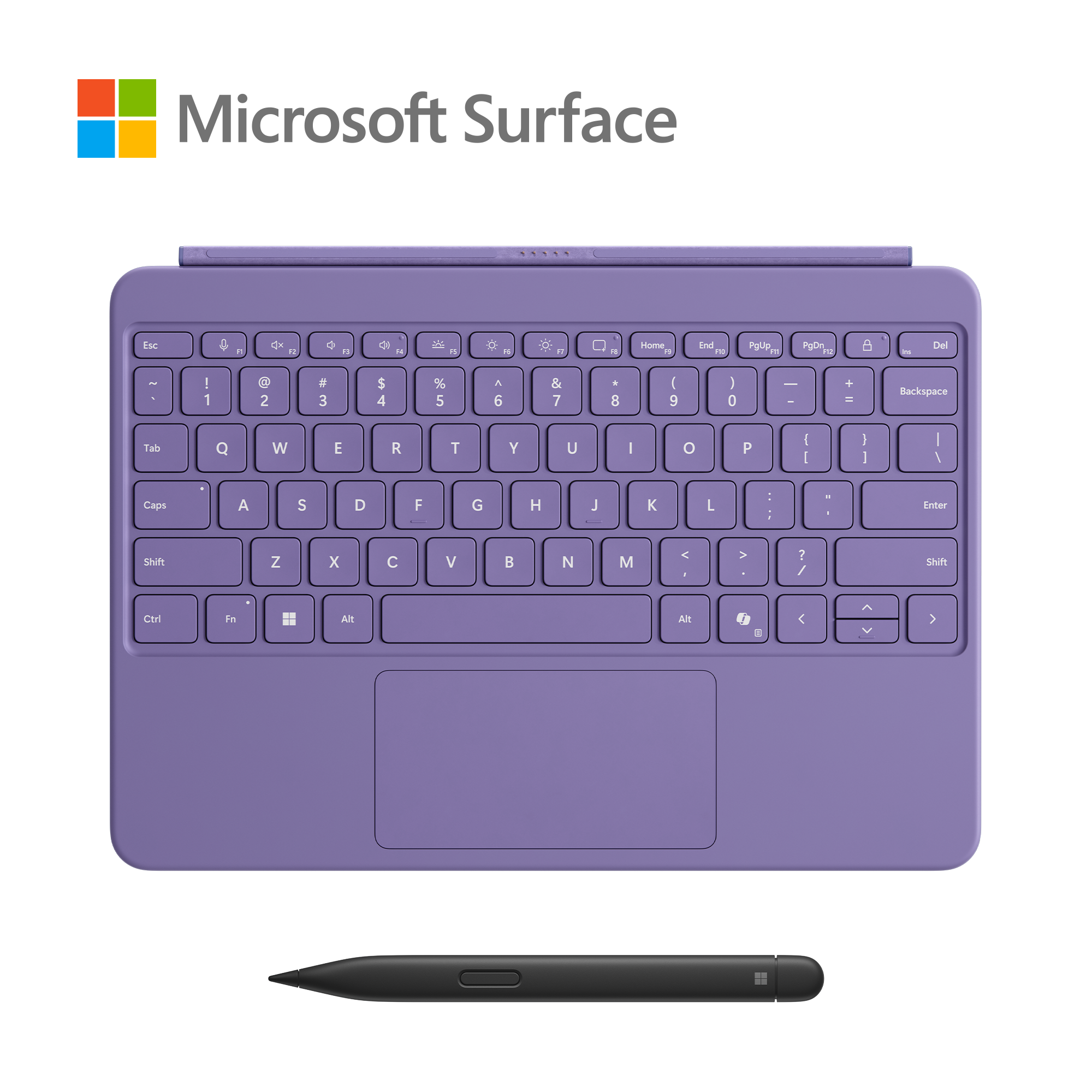 Teclado: Teclado púrpura Microsoft Surface, bolígrafo negro sobre fondo negro.