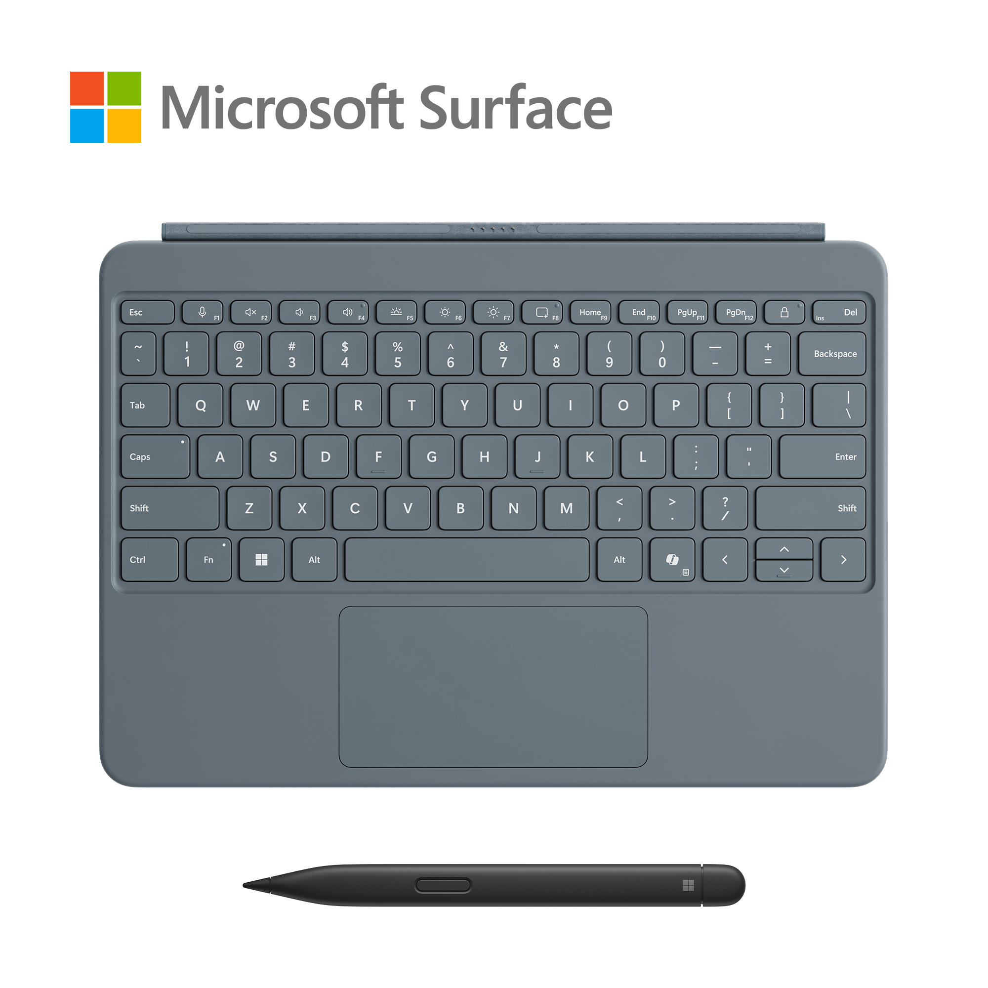 Un teclado azul-gris con un lápiz óptico negro. El teclado está delante de un fondo negro.