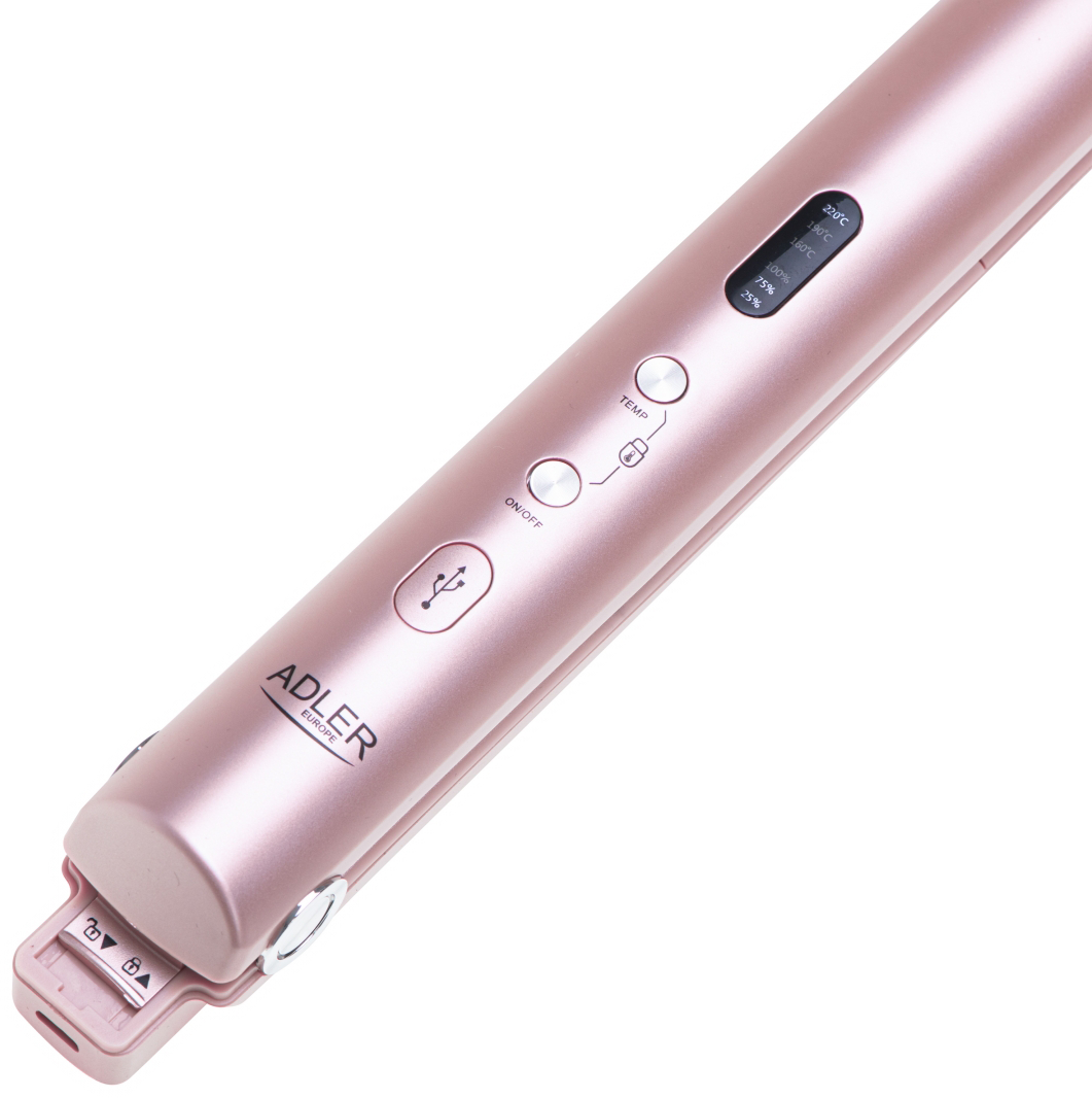 Rózsaszín hajvasaló gombokkal, USB porttal és hőmérséklet kijelzővel.