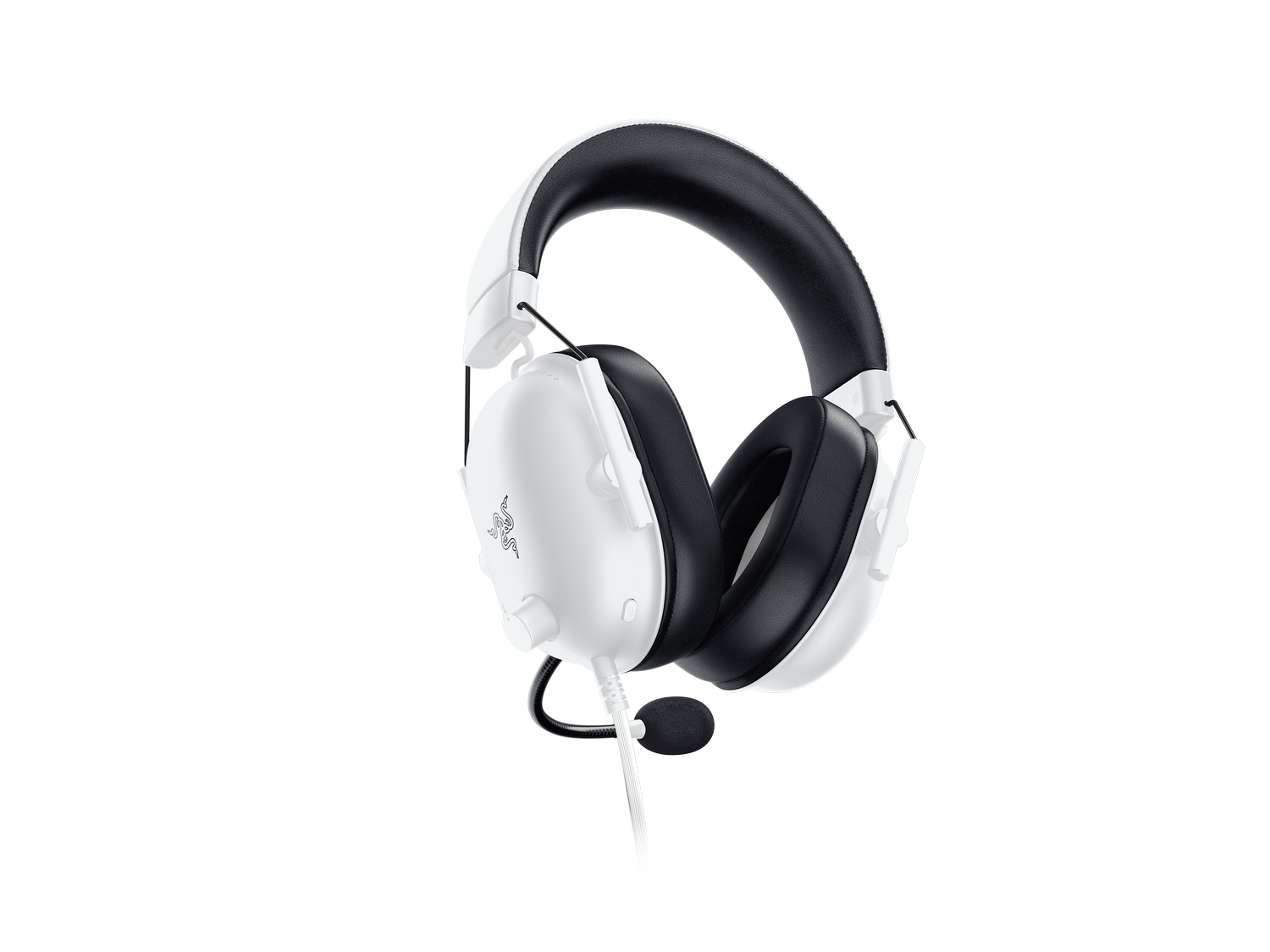Auriculares: Auriculares para juegos Razer blancos y negros sobre fondo negro.