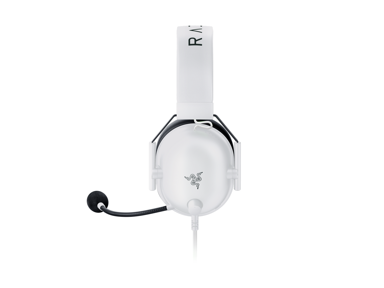 Auriculares para juegos blancos, micrófono negro, fondo negro.
