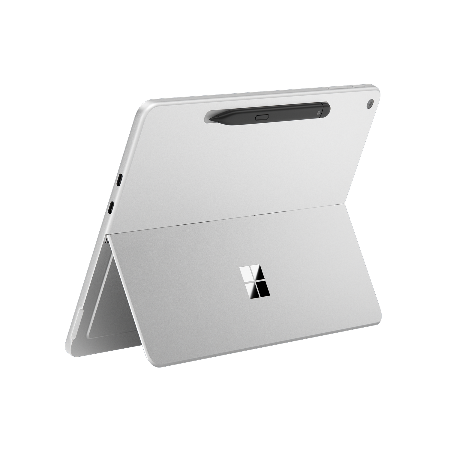 Una tableta plateada con un lápiz óptico negro adjunto. La tableta está abierta, mostrando el logotipo de Microsoft en la parte posterior.