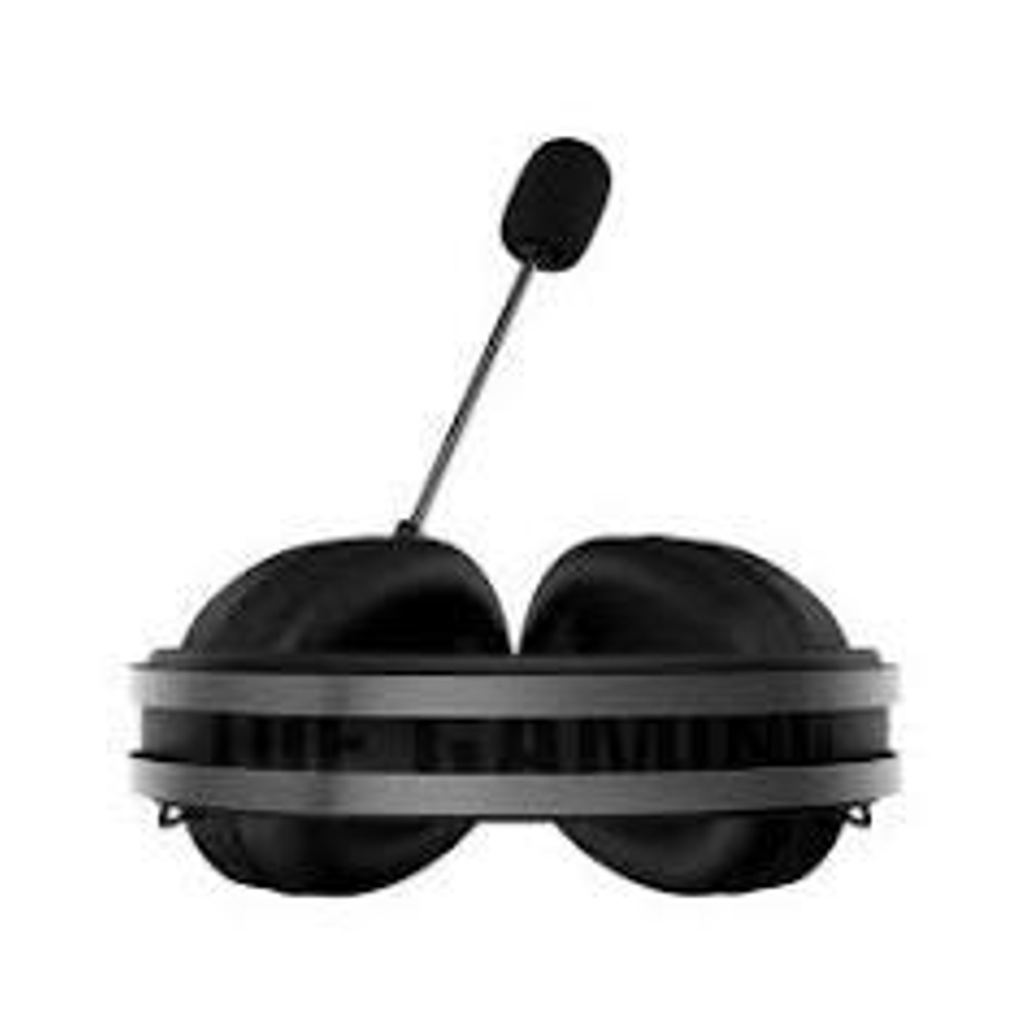 Un auricolare nero con microfono. Ha due padiglioni collegati da una fascia. Lo sfondo è bianco.