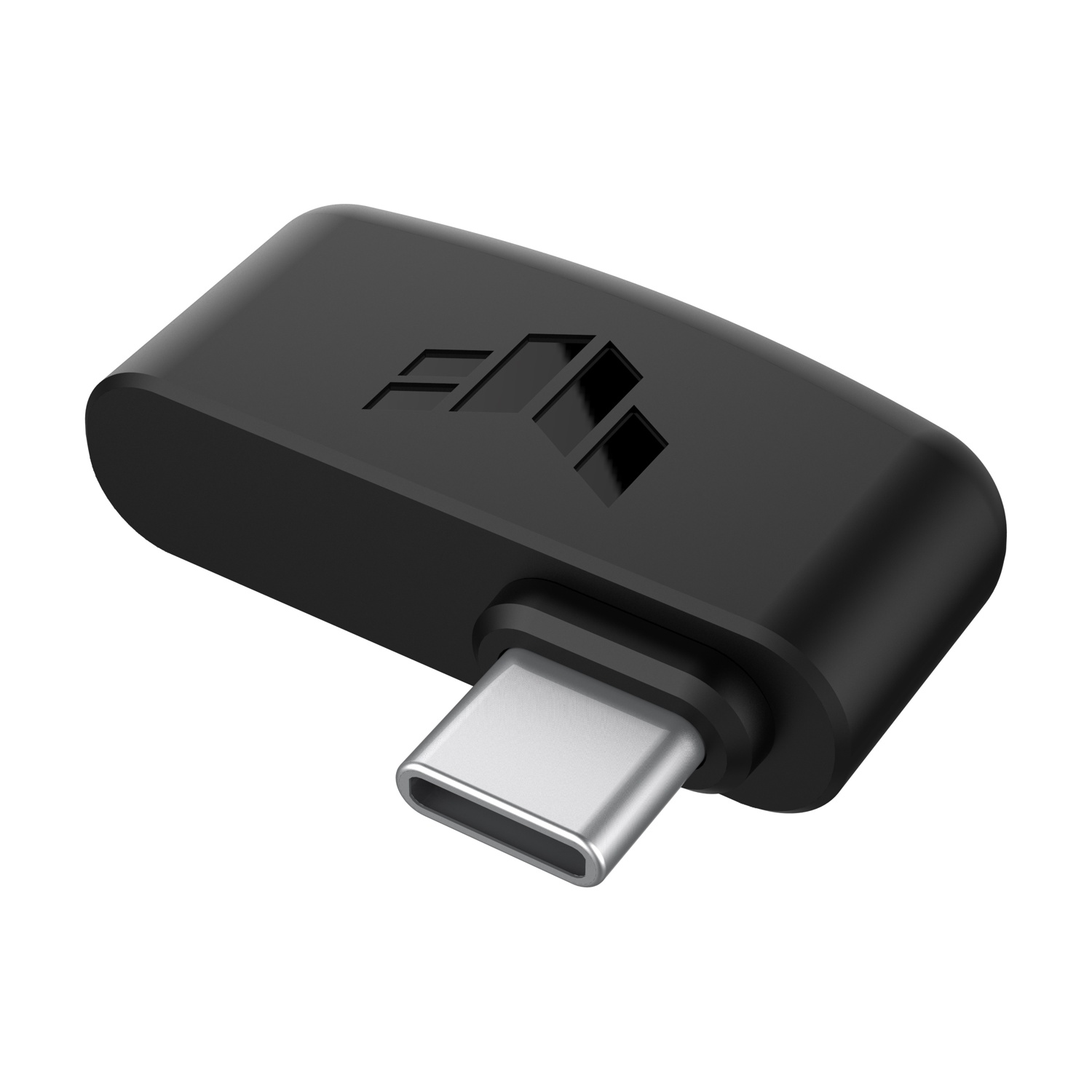 Adattatore USB-C nero con logo su sfondo bianco.
