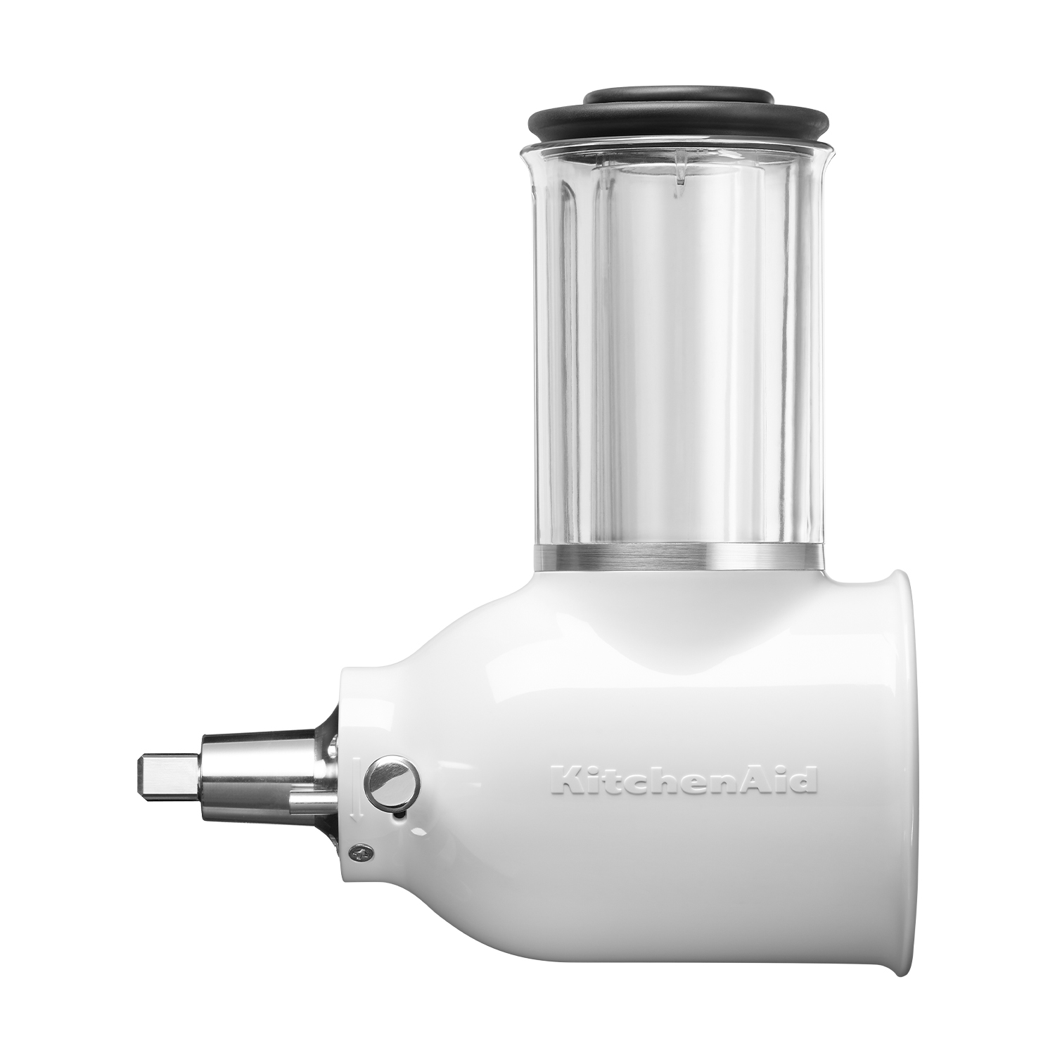 Un accessorio tritacarne KitchenAid bianco, con un coperchio trasparente, su sfondo bianco.