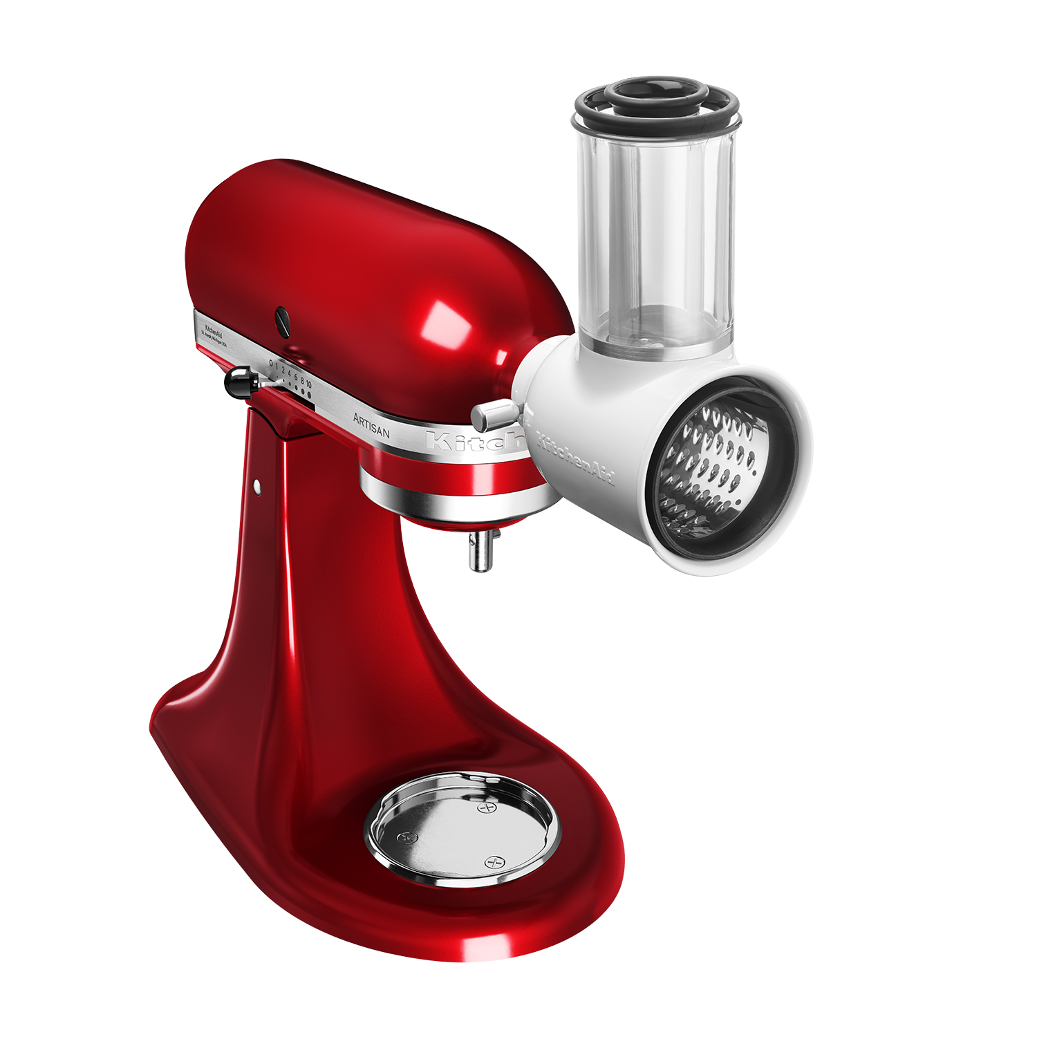 Un robot da cucina KitchenAid rosso con un accessorio tritacarne bianco.