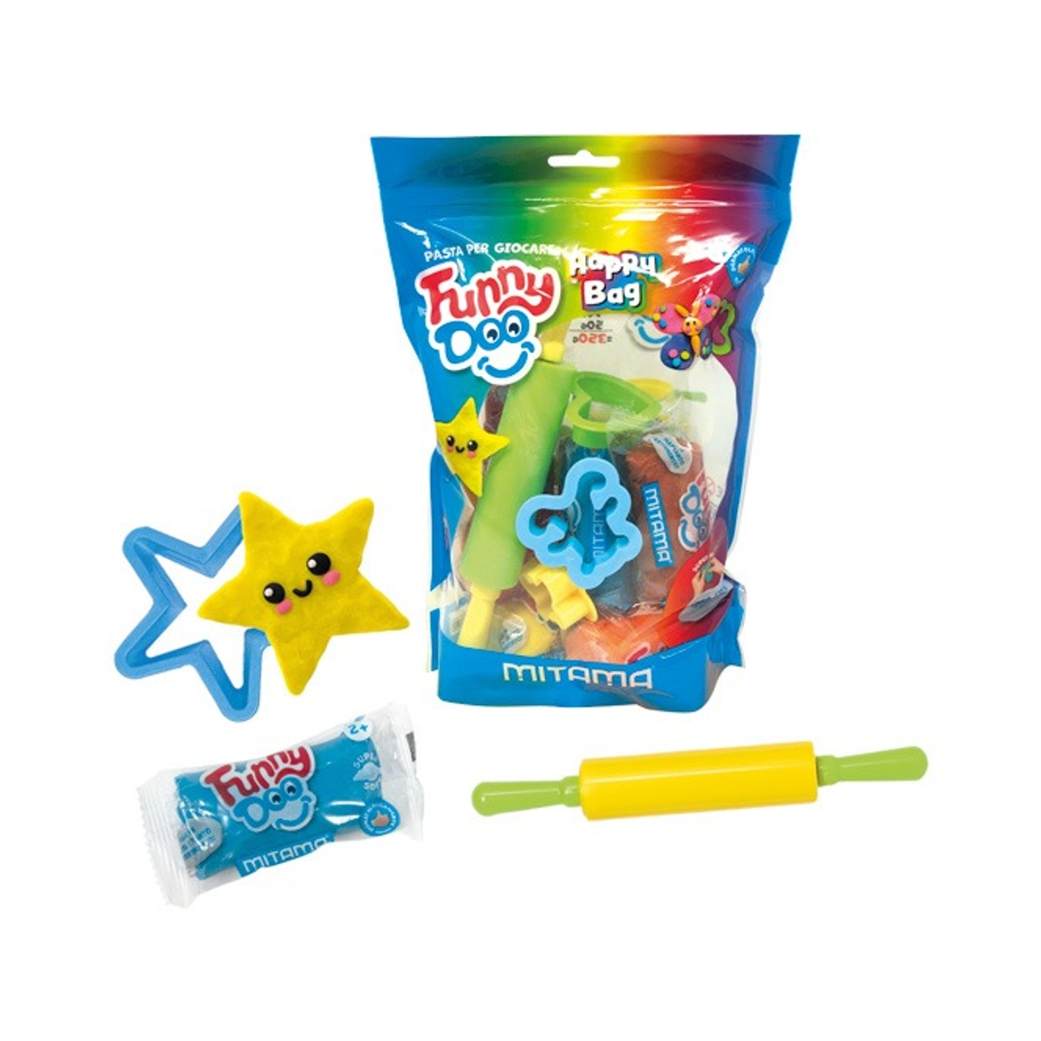 Una busta blu di plastilina e accessori. Include un tagliapasta a forma di stella, un mattarello e più plastilina.