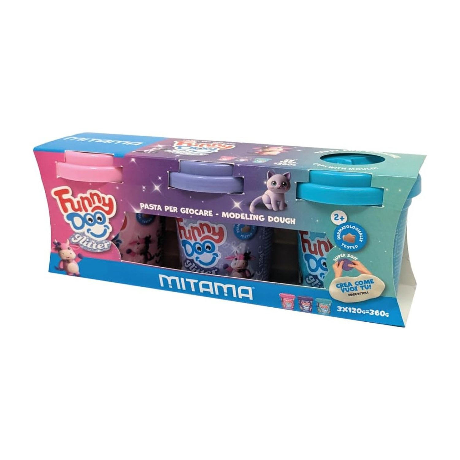 Un set di plastilina con coperchi. La scatola è blu, viola e rosa, con immagini di personaggi dei cartoni animati.