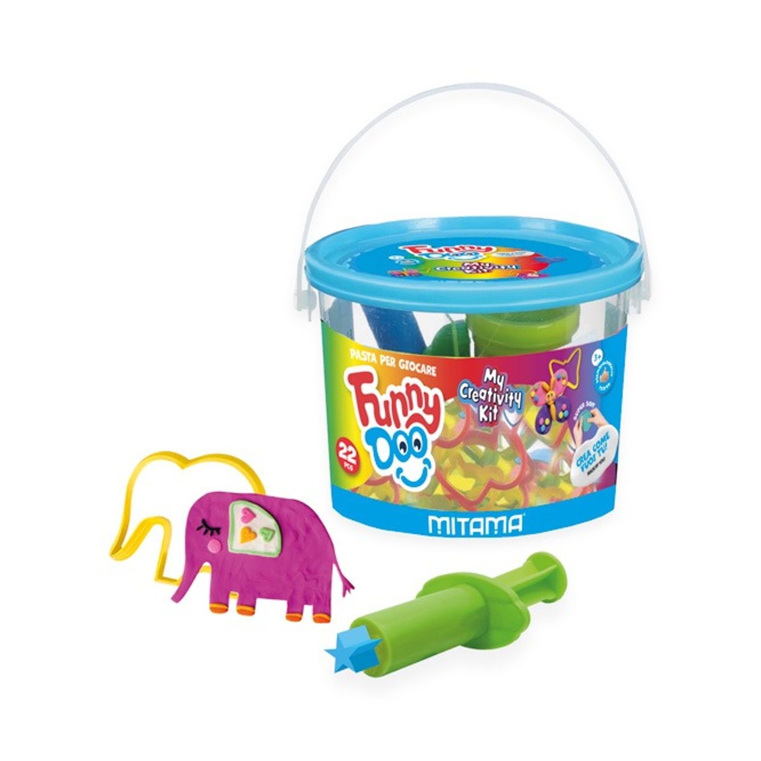 Un secchio di plastica blu con plastilina, uno stampo a elefante rosa, uno strumento verde e altri accessori.