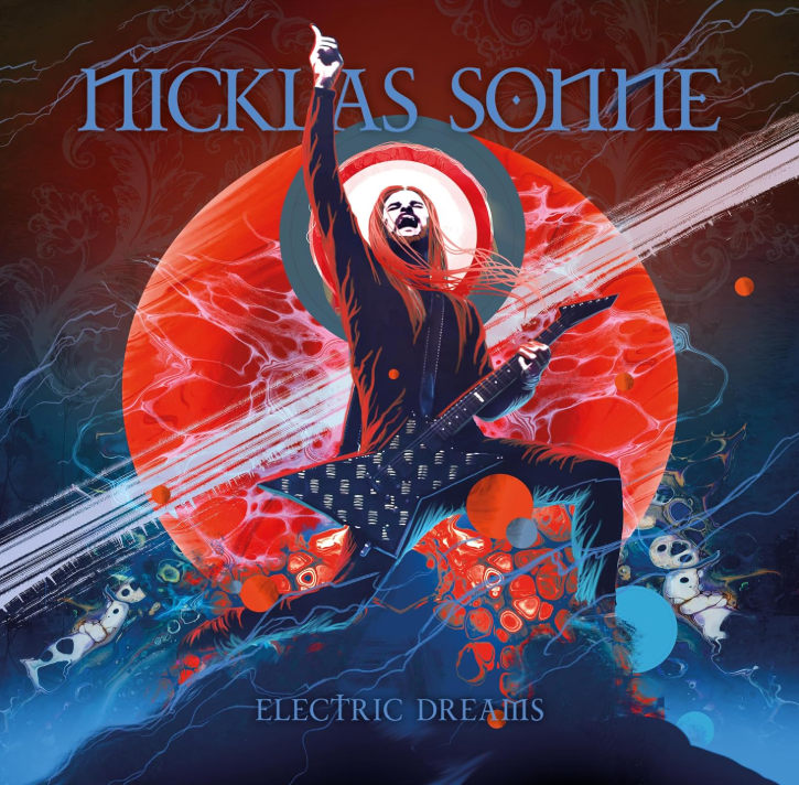 Albumcover mit einem Mann, der Gitarre spielt, mit roten und blauen Farben. Text oben.