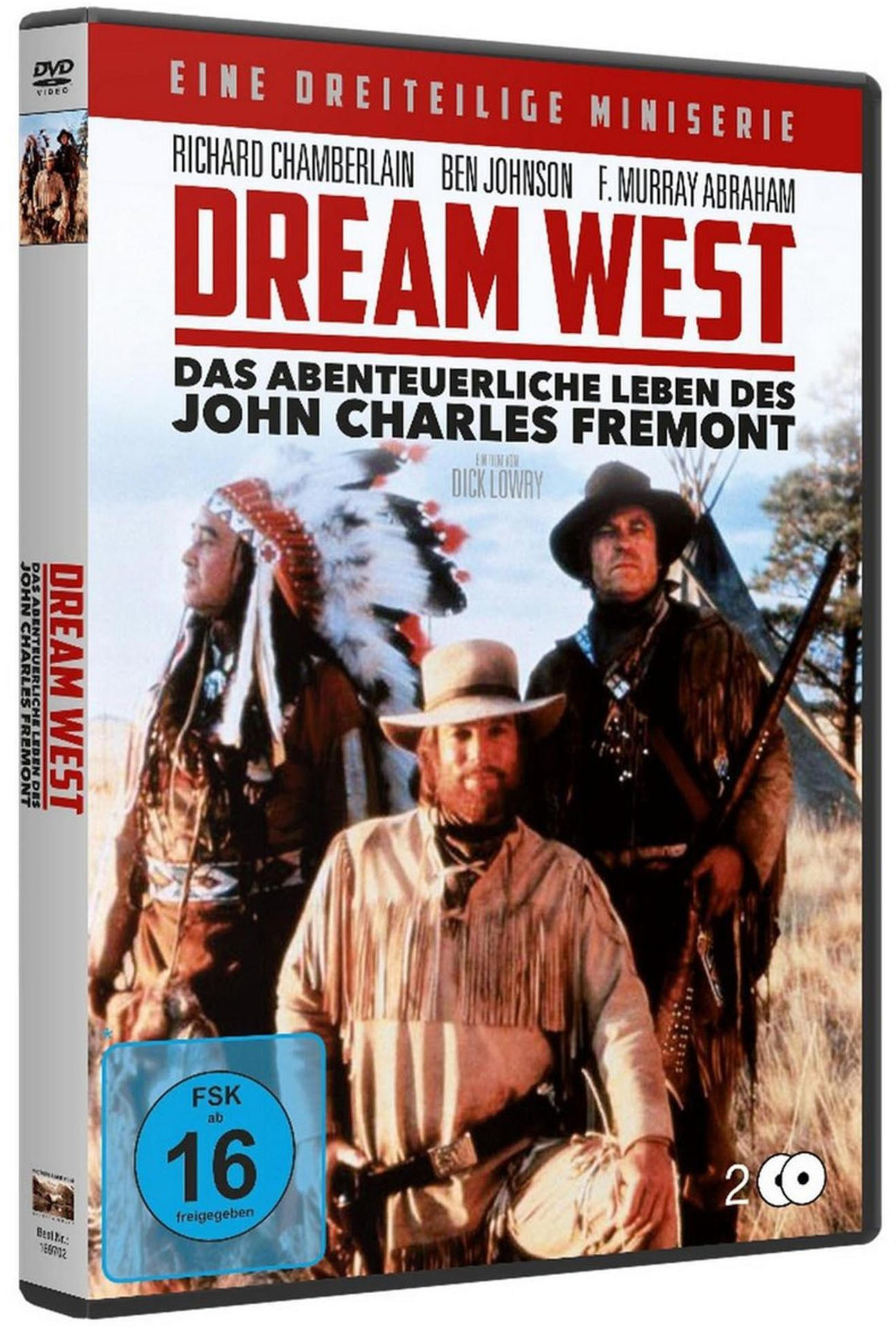 DVD-Cover mit Schauspielern, einem amerikanischen Ureinwohner und Text. 'DREAM WEST' ist sichtbar.