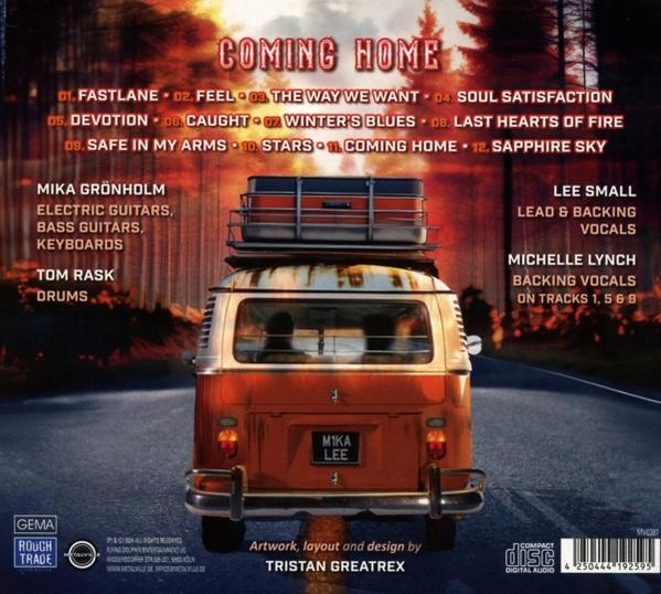 Rückseite des Albums mit einem Oldtimer-Van, Titel 'Coming Home', Titelliste und Künstlerinfo auf Sonnenuntergangshintergrund.