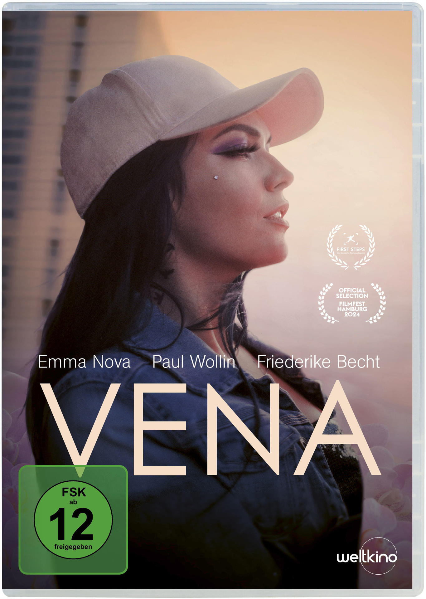 DVD-Cover von 'Vena', eine Frau mit Kappe, rosa Make-up und Titeltext, mit Film-Rating und Auszeichnungen.