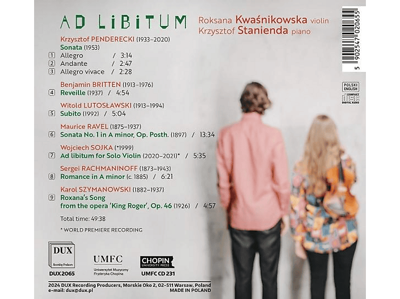 Thumbnail - Kwasnikowska, Roksana/Stanienda, Krzysztof - Ad libitum Werke für Violine & Klavier (CD)