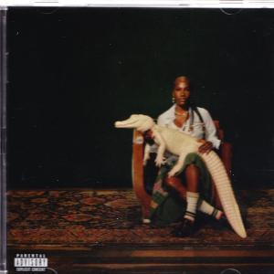 Eine Person, die einen Alligator auf einem Stuhl hält, mit dunklem Hintergrund, Albumcover.