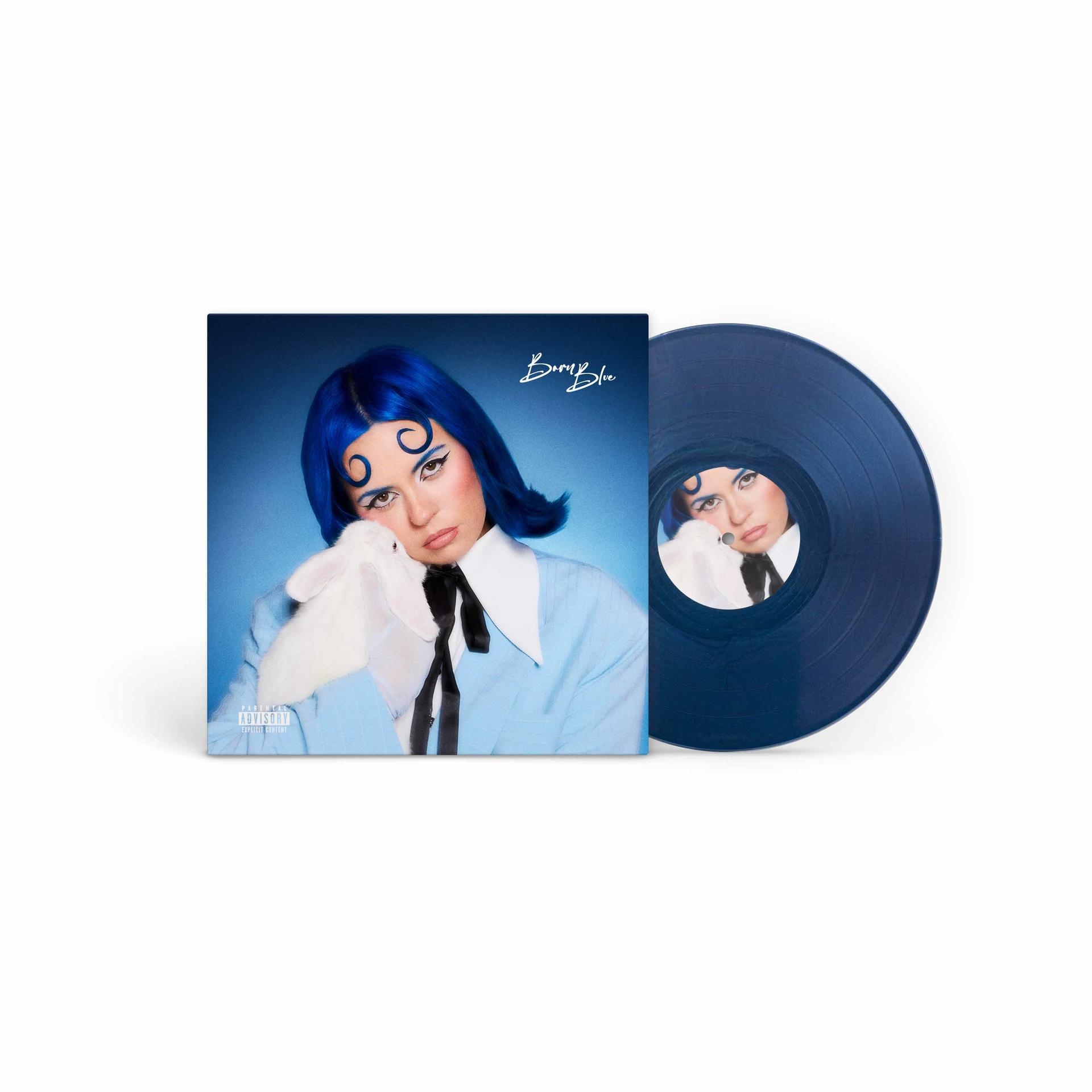 Albumcover mit einer Frau mit blauen Haaren und einem weißen Kaninchen, eine blaue Schallplatte.