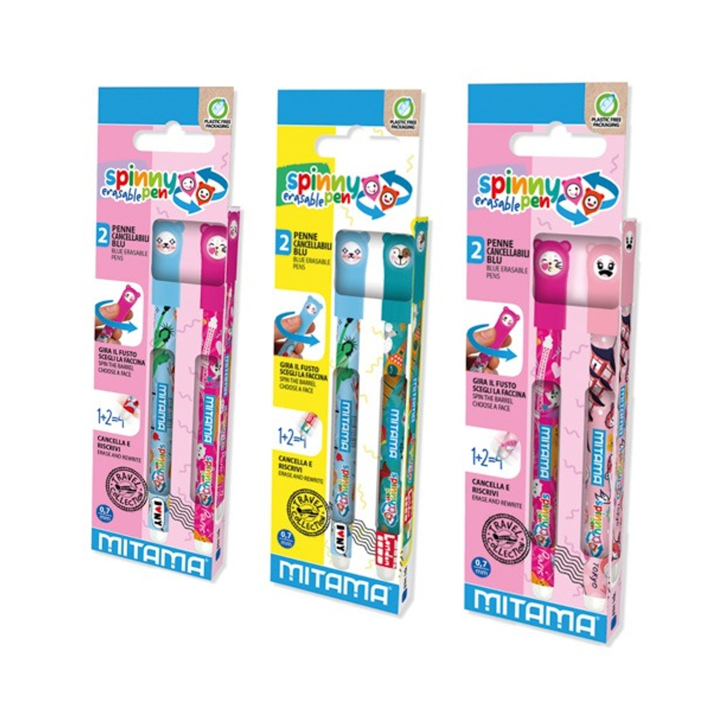 Tre confezioni di penne cancellabili con simpatici top a forma di animale, impilate su sfondo bianco.