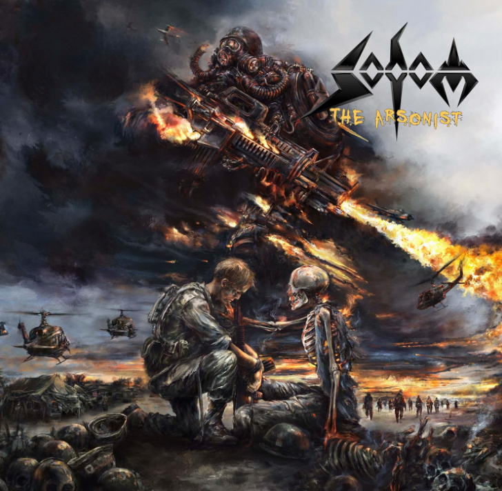 Albumcover einer Kriegsszene mit Soldaten, Explosionen und einem Skelett in einer trostlosen Umgebung.