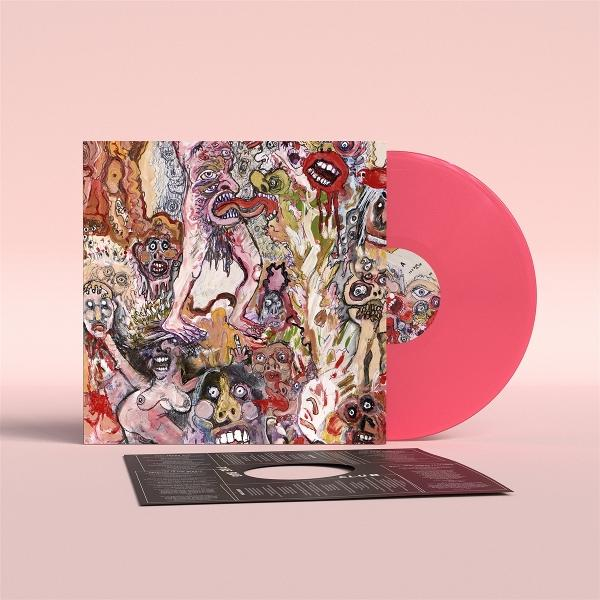 Albumcover: Cartoonartige Kunstwerke mit vielen Gesichtern und rosa Vinyl.