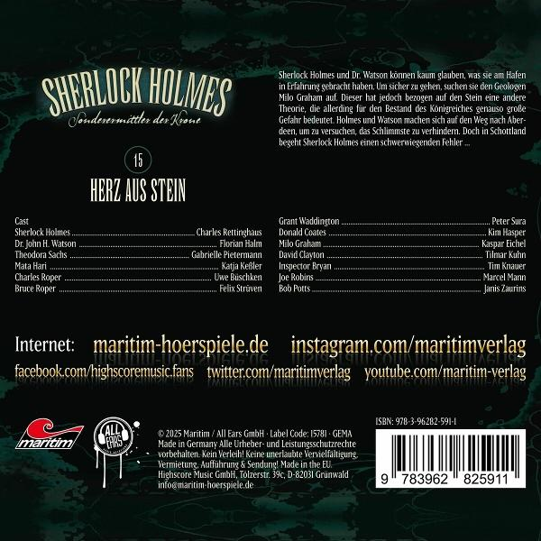 Albumcover mit Text und einer Namensliste. Der Titel 'SHERLOCK HOLMES' steht oben.