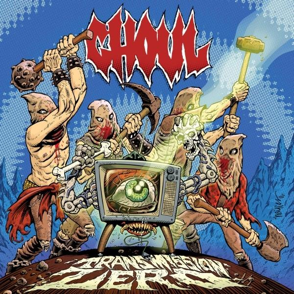 Albumcover mit Cartoonfiguren mit Waffen, einem Fernsehbildschirm und blauem Hintergrund.