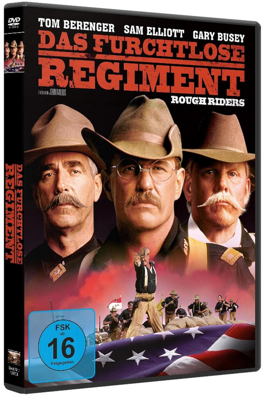 DVD-Cover mit drei Männern mit Hüten, Szene mit Soldaten und Flagge.