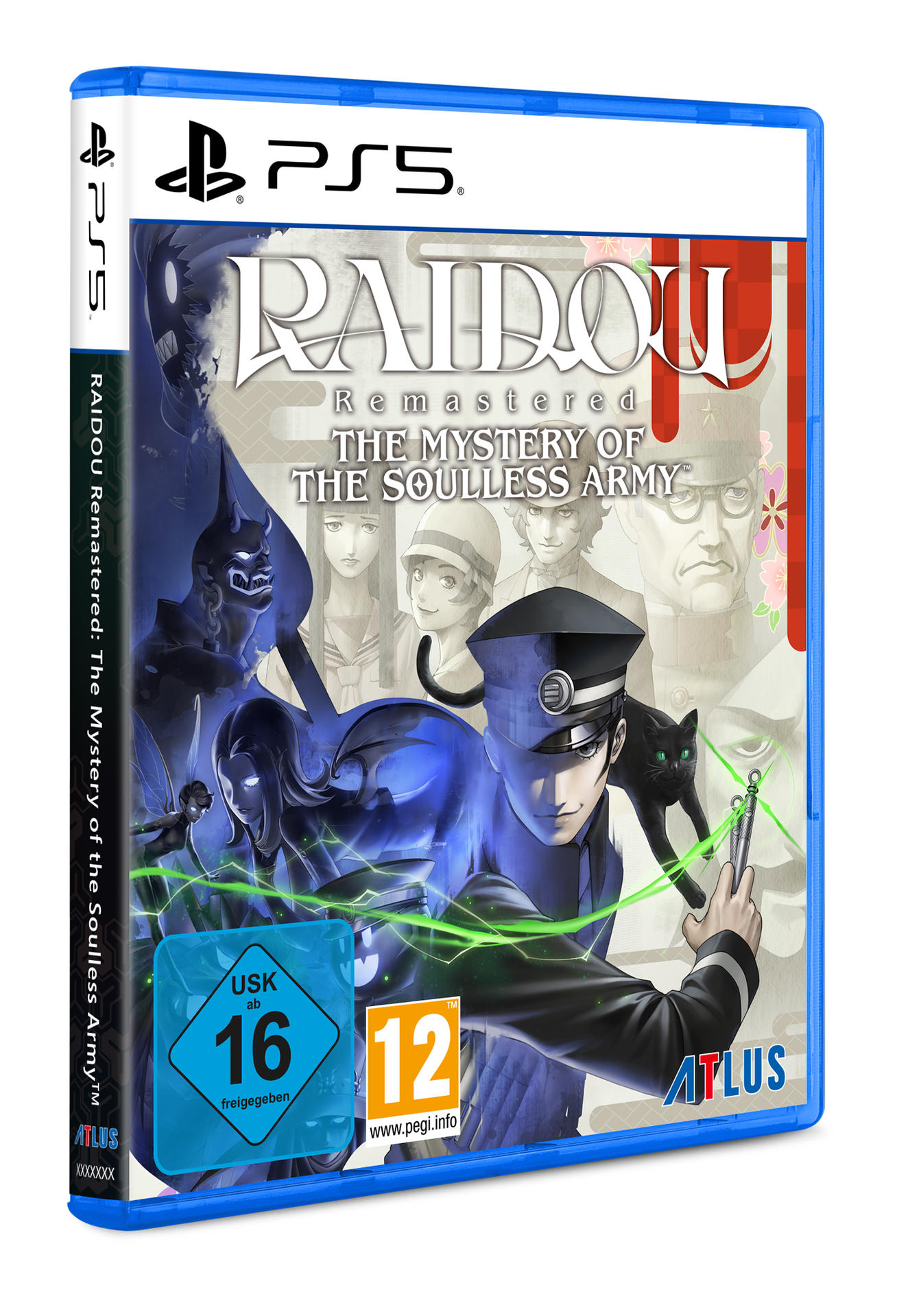 Spielbox-Art für Raidou Remastered auf PS5. Enthält eine Figur mit Schwert und eine schwarze Katze.