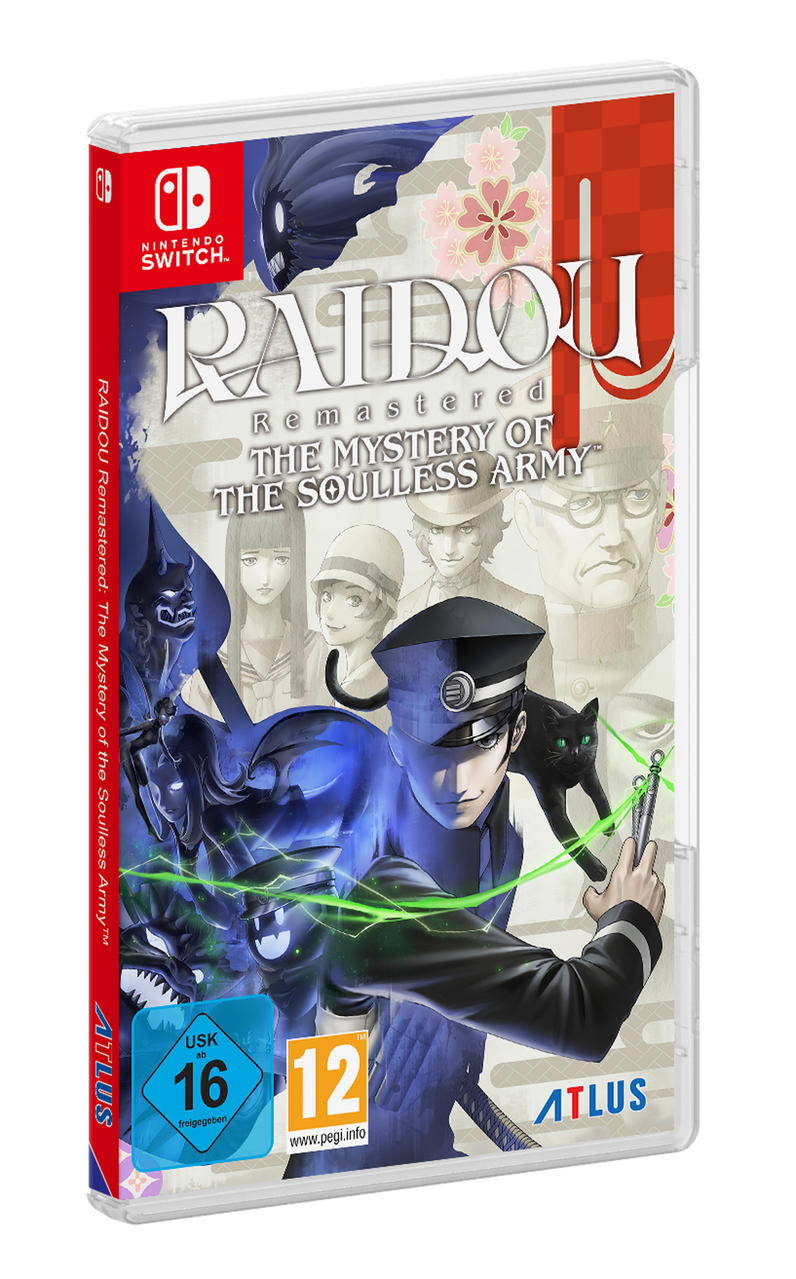 Videospiel-Box-Art für 'RAIDOU Remastered' mit Charakteren und einer schwarzen Katze.