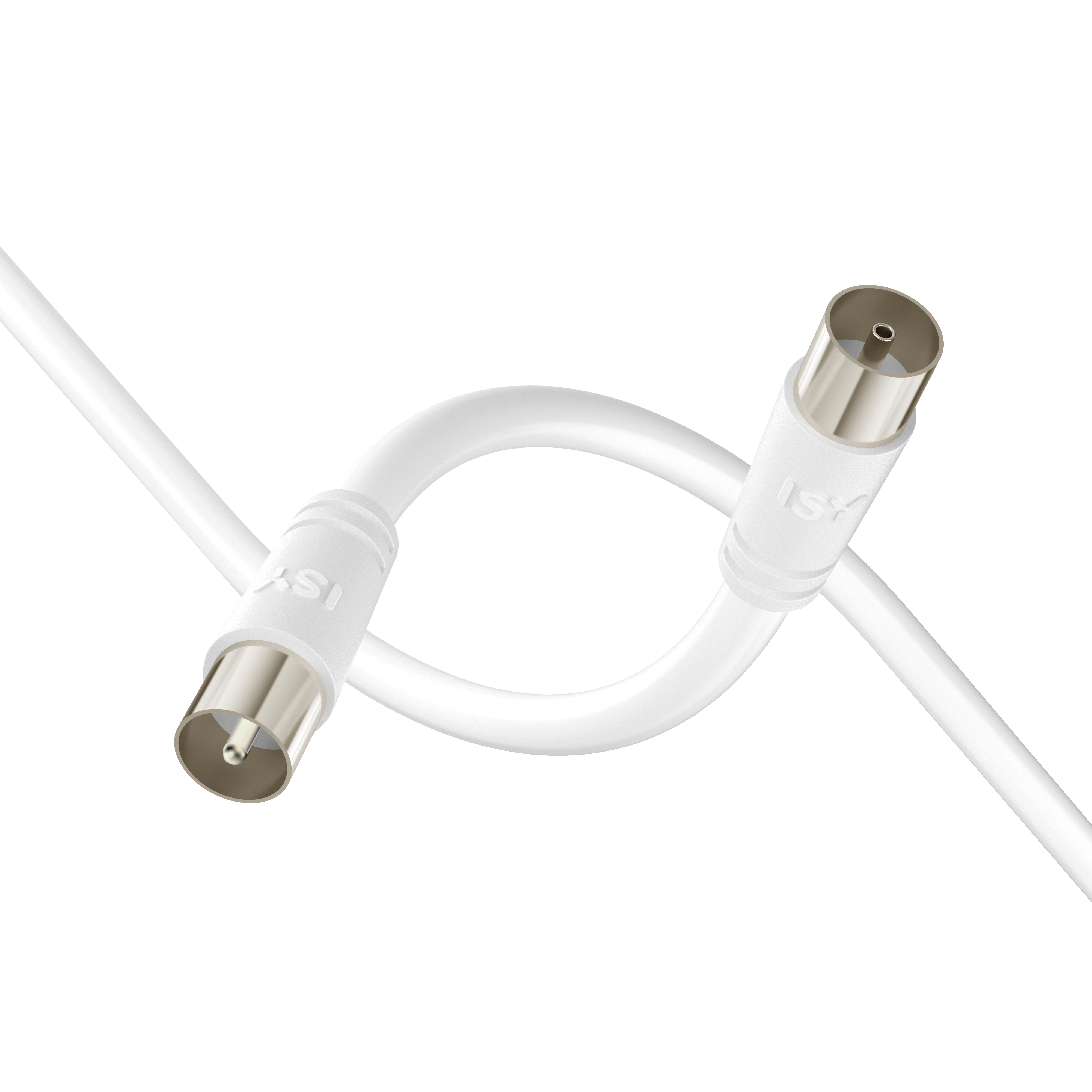 Zbliżenie białego kabla ISY SAT na czarnym tle.