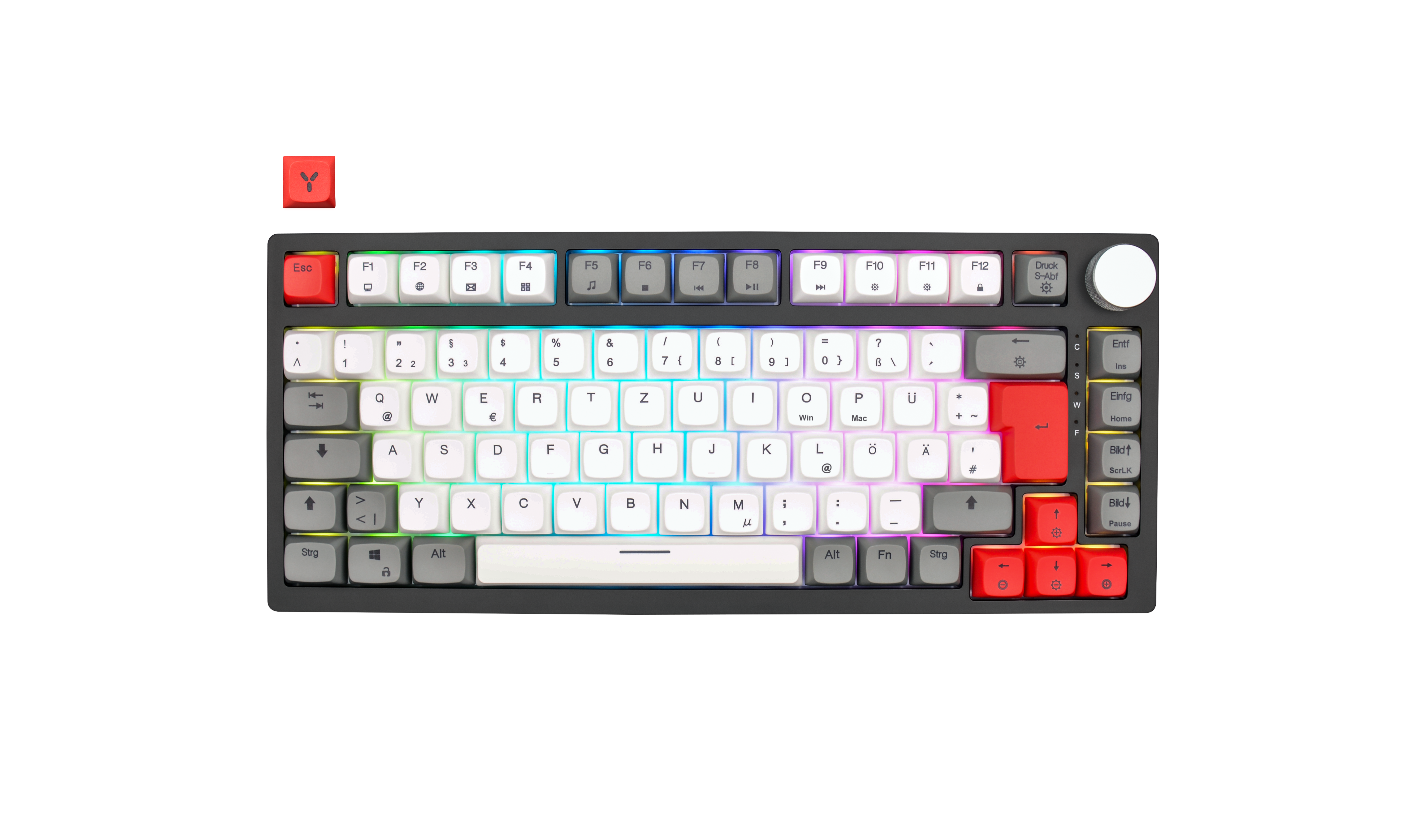 Schwarze Tastatur mit bunten Tasten. Rote und weiße Akzente. Tasten haben Buchstaben und Symbole.
