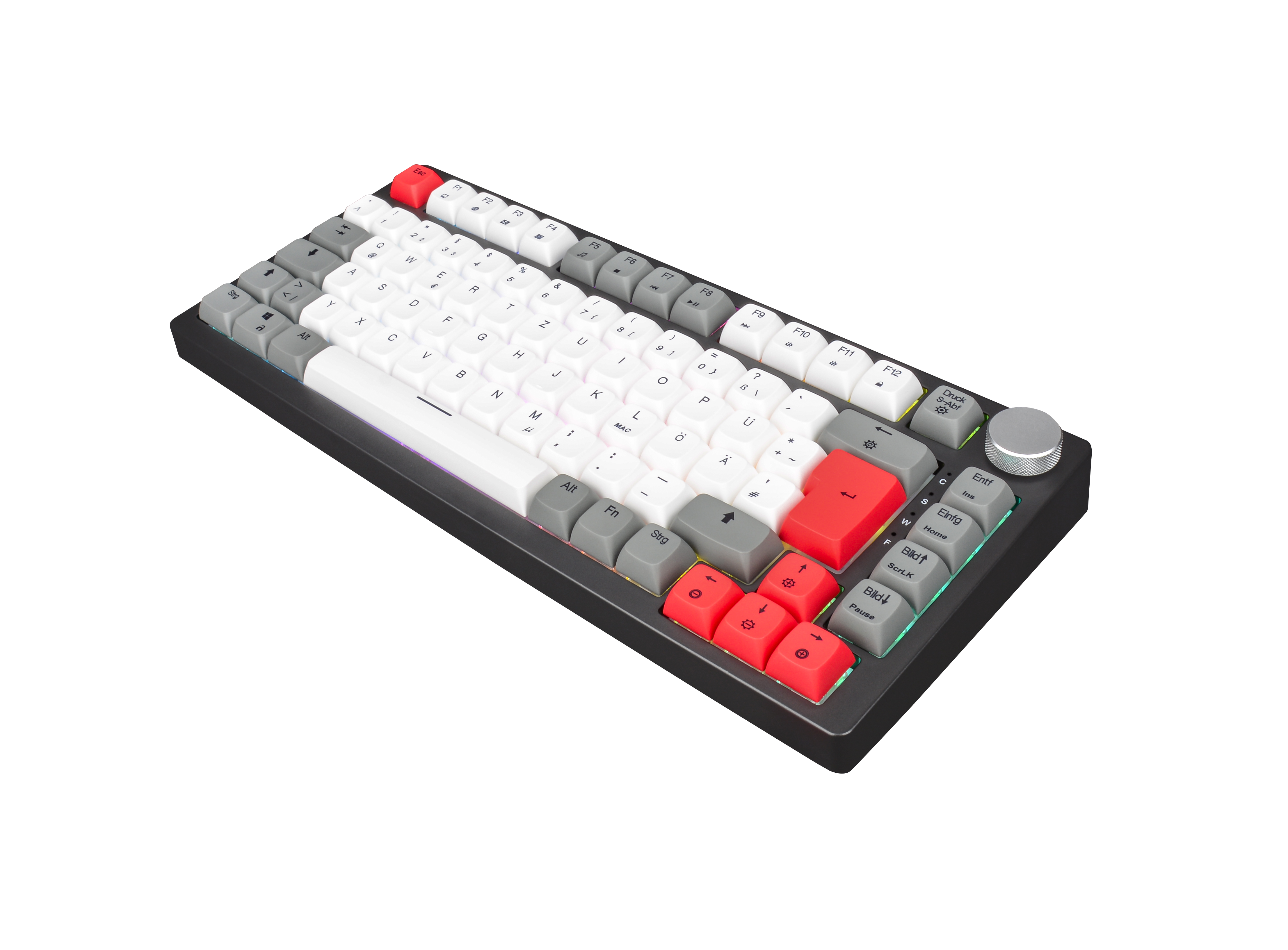 Eine schwarze Tastatur mit weißen und roten Tasten auf schwarzer Oberfläche.